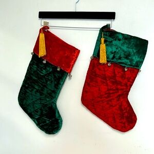 Vintage NOS Large Xmas Stockings Set of 2 Quilted Velvet With Tassels & Bells